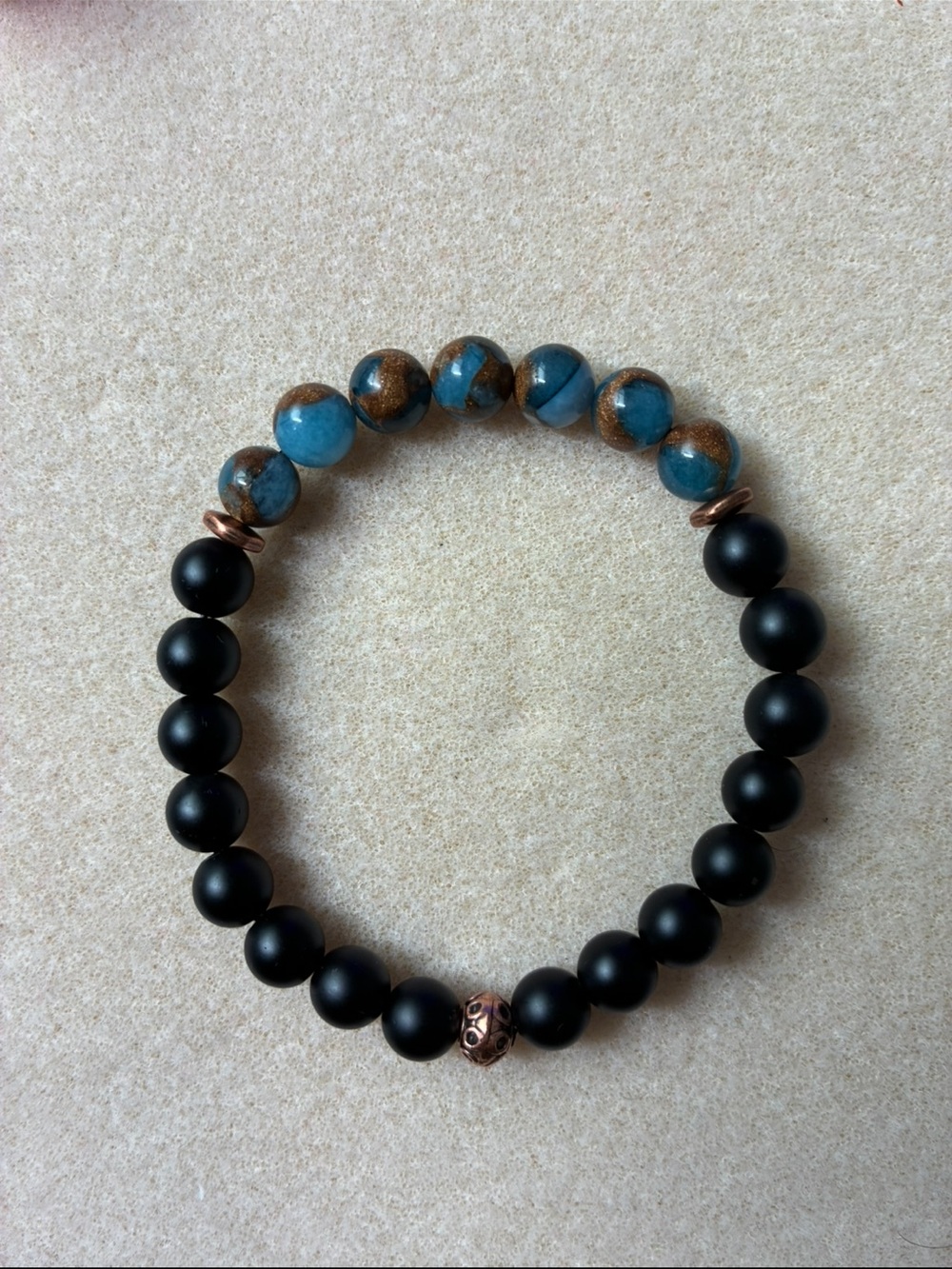 Black Matte & Turquoise Beaded Stretch Bracelet with Copper Accents
